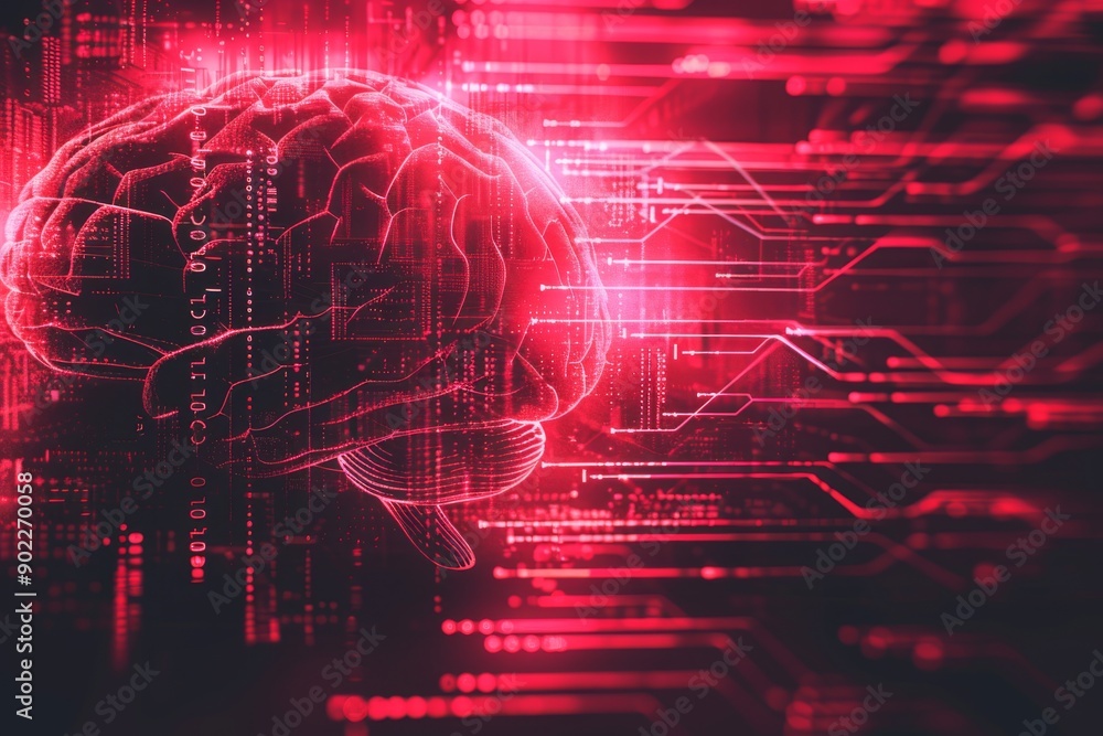 Poster red neural network brain model on digital interface display