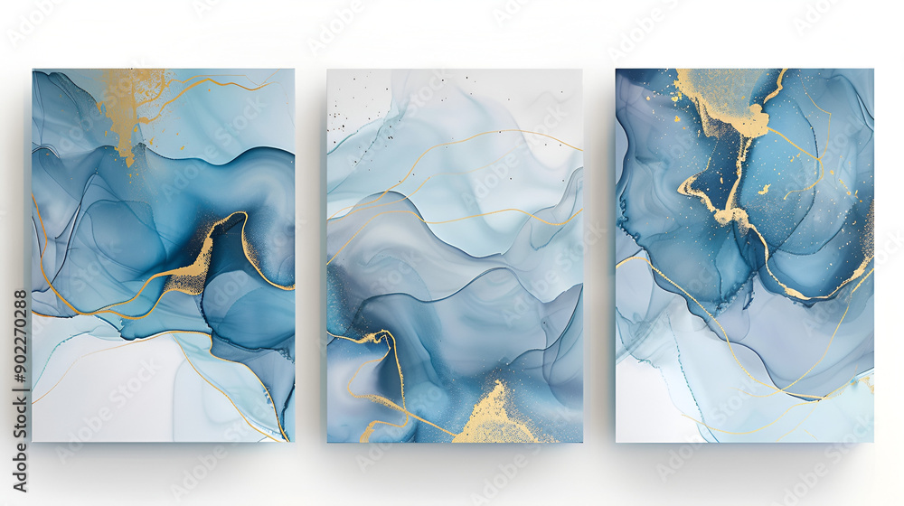 Wall mural abstract, marbled, ink, wall, art, panels, gold, blue, waves, set, three, triptych, chic, design, fl