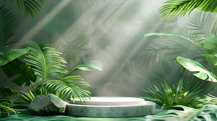 Round podium for summer fashion on center stage with minimal design, abstract green tropical garden background. Includes banner mockup wall, stone, leaf, and cosmetic showcase
