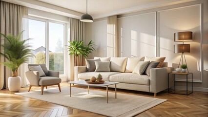Fototapeta premium Modern Minimal clean clear contemporary living room home interior design daylight background,beige white sofa couch in living room daylight from window freshness moment mock up interior,generative ai