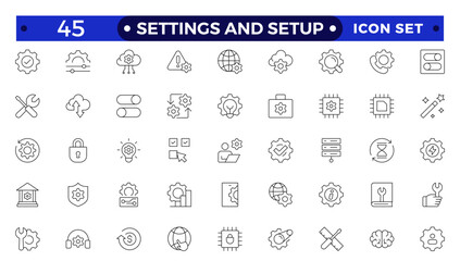 Settings and setup icon set. Containing options, configuration, preferences, adjustments, operation, gear, control panel, equalizer, optimization and setup icons. Thin line icon collection.