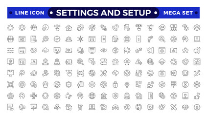 Settings and setup icon set. Containing options, configuration, preferences, adjustments, operation, gear, control panel, equalizer, optimization and setup icons. Thin line icon collection.