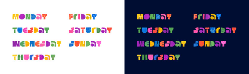 All week days abstract decorative inscription concept. Modern colorful graphic shapes word lettering for planer. Calendar schedule trendy creative text. Bright weekday and weekend badge collection