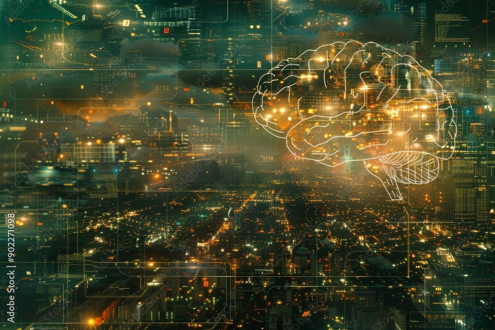 Poster golden neural brain model in digital data stream environment