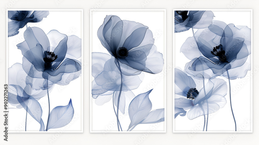 Sticker Set of Three Art Posters Featuring Elegant Blue and White Floral Designs