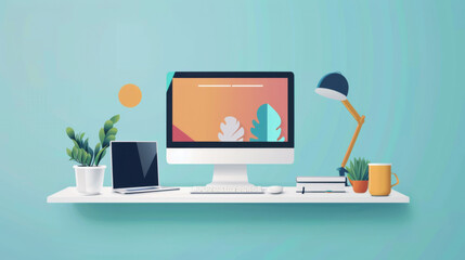 Fototapeta premium Illustration of a modern minimalist office desk setup with computer, lamp, and plants against a pastel background.