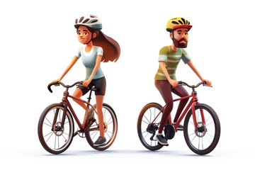 Obraz premium Male and female cyclists characters with bicycles and helmets. Cartoon 3D illustration set of man and woman riding bike, generated by ai