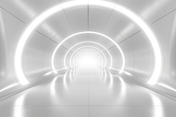 Fototapeta premium A futuristic white hallway with a glowing LED light, circle tunnel LED light hallway corridor.