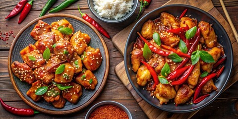Vibrant spiced chicken in sweet and sour sauce alongside chili teriyaki chicken with sesame seeds, blending Chinese, Thai, and Japanese flavors on a flat lay.