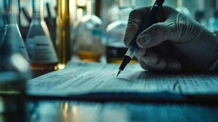 Obraz premium Close-up: professora??s pen marking lab report..