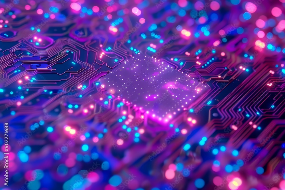 Poster multicolored neural brain model on digital circuit board