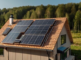 Fototapeta premium Close-up of a new suburban house with a photovoltaic system on the roof. Simple and modern environmentally friendly house with solar panels on the gable roof, with sunlight during the day