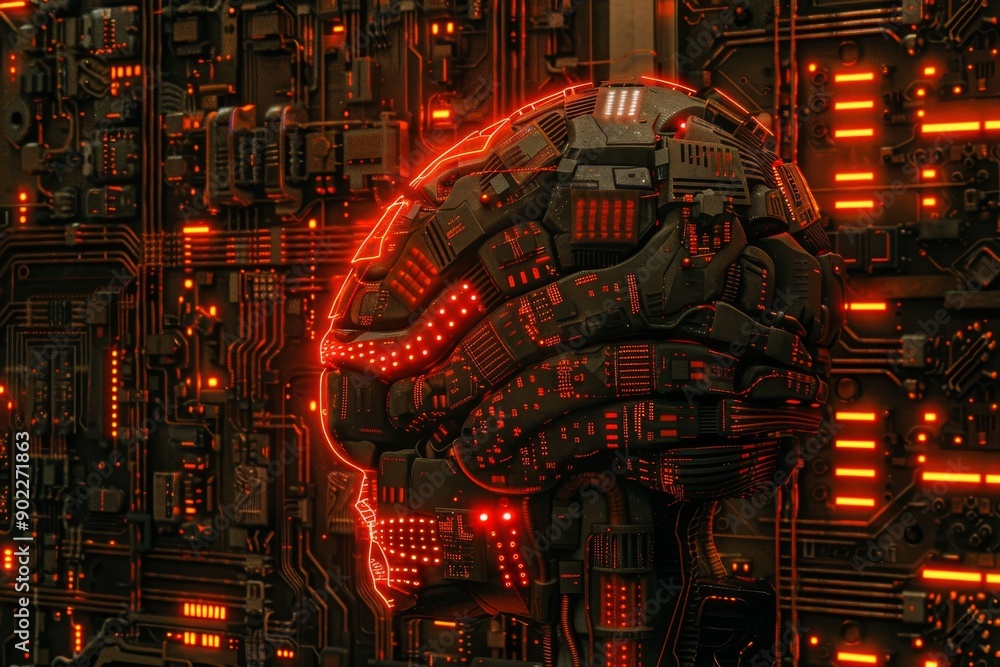 Poster red neural brain model integrated with high tech digital circuitry