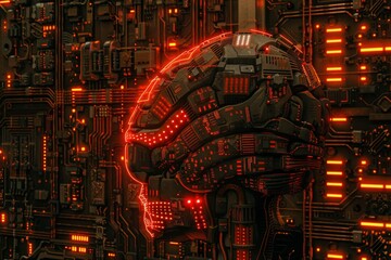 Fototapeta premium Red Neural Brain Model Integrated with High Tech Digital Circuitry