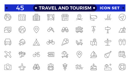 Travel icon set. Summer vacations and holiday symbol vector illustration. Collection of traveling and tourism elements. Travel and tourism icon set. Airplane, trip, beach, passport, camping, hotel.