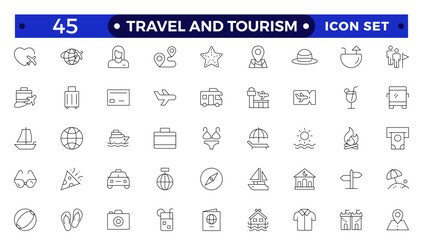 Travel icon set. Summer vacations and holiday symbol vector illustration. Collection of traveling and tourism elements. Travel and tourism icon set. Airplane, trip, beach, passport, camping, hotel.