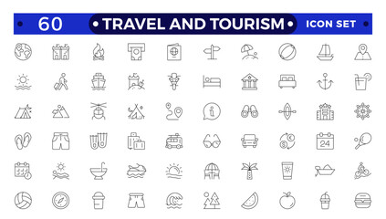 Travel icon set. Summer vacations and holiday symbol vector illustration. Collection of traveling and tourism elements. Travel and tourism icon set. Airplane, trip, beach, passport, camping, hotel.