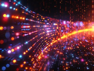 Obraz premium A vibrant abstract scene showcasing dynamic light trails and colorful bokeh effects, perfect for technology and artistic themes.