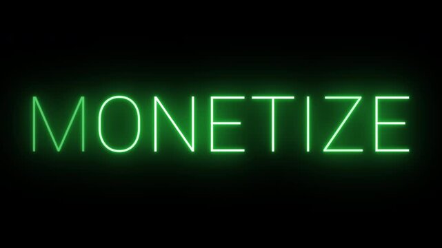 4K flickering neon green monetize sign on black background