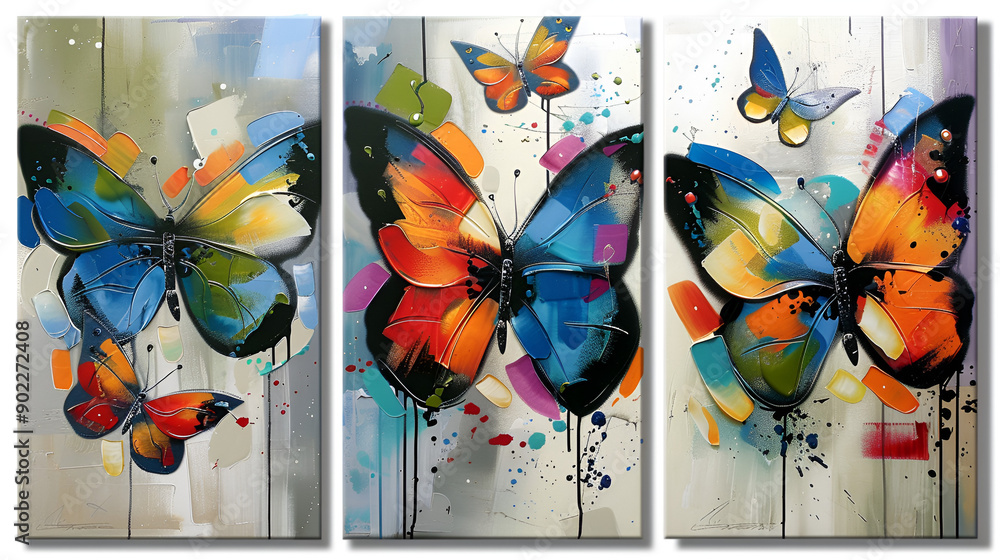 Wall mural set of three vibrant butterfly abstract wall art panels with colorful splashes