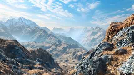 A breathtaking view of a mountain range with a blue sky and white clouds.