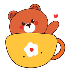 hand drawing cartoon bear inside a yellow mug. cute animal drawing, doodle