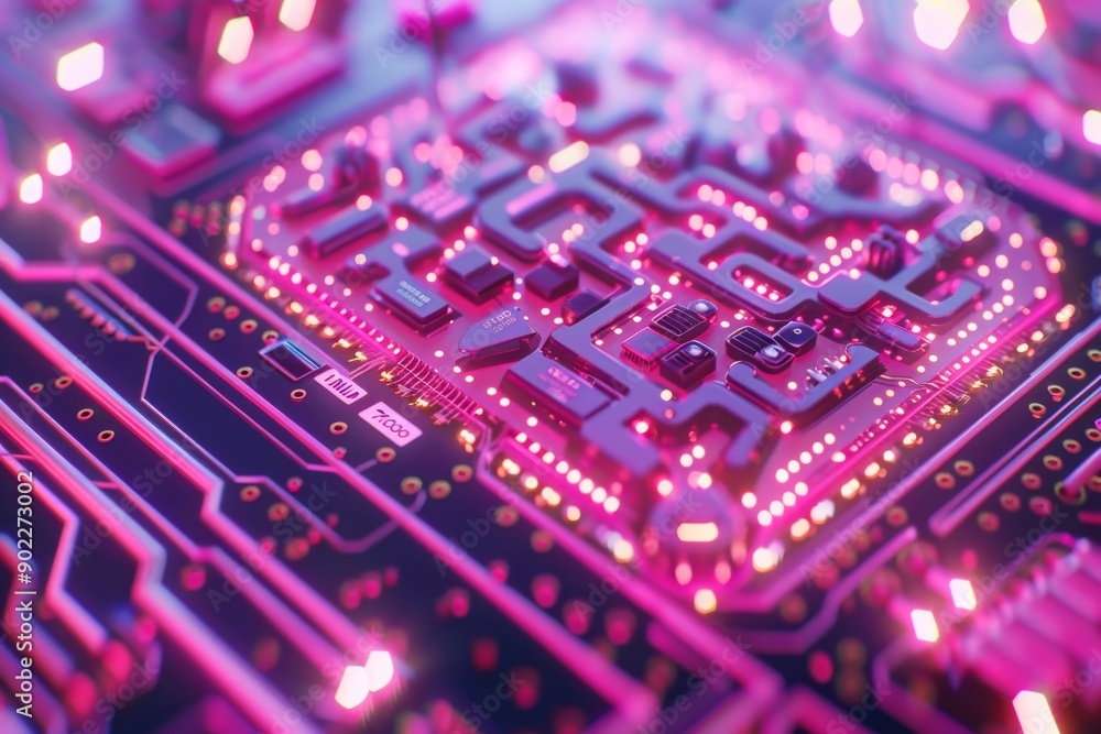 Poster neon brain model on high tech circuit board display