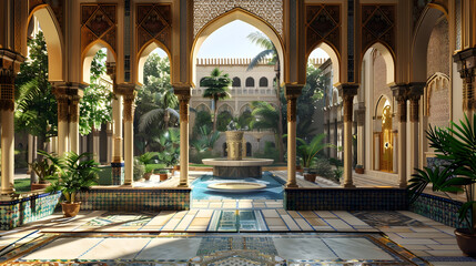 Tranquil courtyard with intricate arches, ornate columns, and lush foliage.