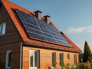 Fototapeta premium Close-up of a new suburban house with a photovoltaic system on the roof. Simple and modern environmentally friendly house with solar panels on the gable roof, with sunlight during the day