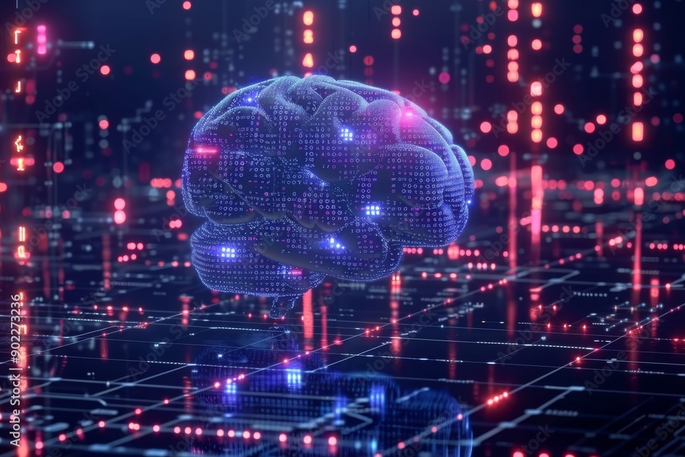 Poster futuristic brain model with red highlights on high tech circuit board