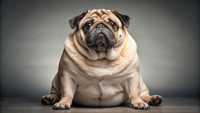 Adorable morbidly obese pug dog with rolls of fat sits comfortably in front of a plain gray background, showcasing its lovable rounded features prominently.