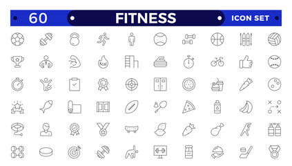 Gym and fitness icon set. Containing healthy lifestyle, weight training, body care and workout or exercise equipment icons. Outline icon collection.