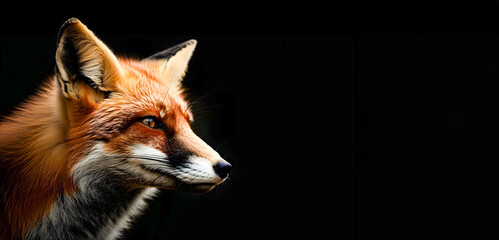 Obraz premium Majestic red fox with a striking orange red fur coat and a keen observant gaze stares intently against a dramatic pitch black background This powerful