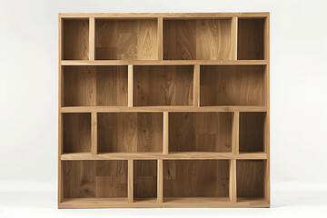 a wooden bookcase with many compartments on it