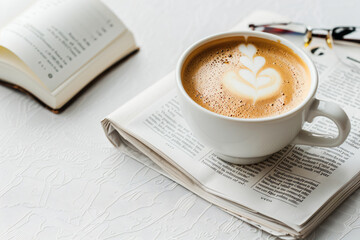 a cup of coffee on a table next to a book