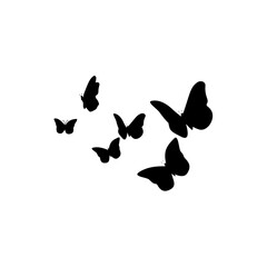 Flying butterflies silhouettes. Flock of butterflies on white background. Vector design element.
