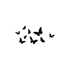 Flying butterflies silhouettes. Flock of butterflies on white background. Vector design element.