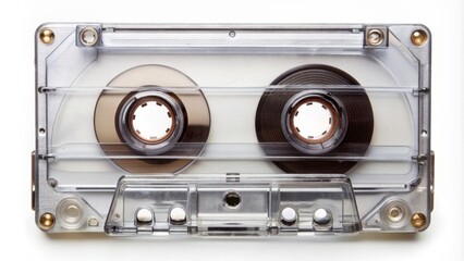Fototapeta premium Retro-style blank cassette tape on a isolated white background, with a transparent clear plastic case and a rolled-up tape, reminiscent of 90s analog audio nostalgia.