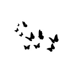Flying butterflies silhouettes. Flock of butterflies on white background. Vector design element.