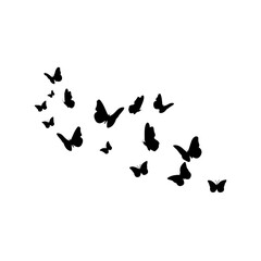 Flying butterflies silhouettes. Flock of butterflies on white background. Vector design element.