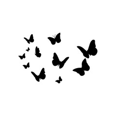 Flying butterflies silhouettes. Flock of butterflies on white background. Vector design element.