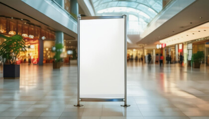 Wide banner design mockup of a roll-up poster stand in a shopping center or mall