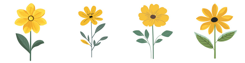 Fototapeta premium Hand-drawn yellow flowers with green stems, sunflower-like blooms, and cheerful daisies in a cute floral design, isolated PNG on transparent background, perfect for springtime artwork.