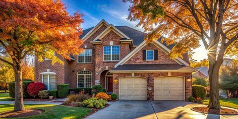 Cozy single-detached suburban home in Dallas-Fort Worth features attached garage amidst vibrant autumn foliage, with warm sunlight casting a gentle glow on the tranquil scene.