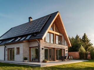 Close-up of a new suburban house with a photovoltaic system on the roof. Simple and modern environmentally friendly house with solar panels on the gable roof, with sunlight during the day