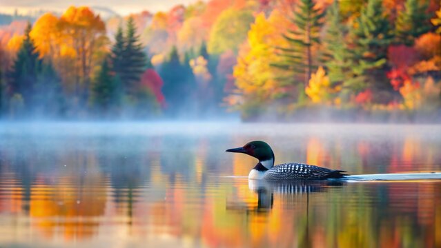 Serene morning scene of a solitary common loon swimming in calm waters of Maine's lake at sunrise, surrounded by misty fog and vibrant autumn colors.