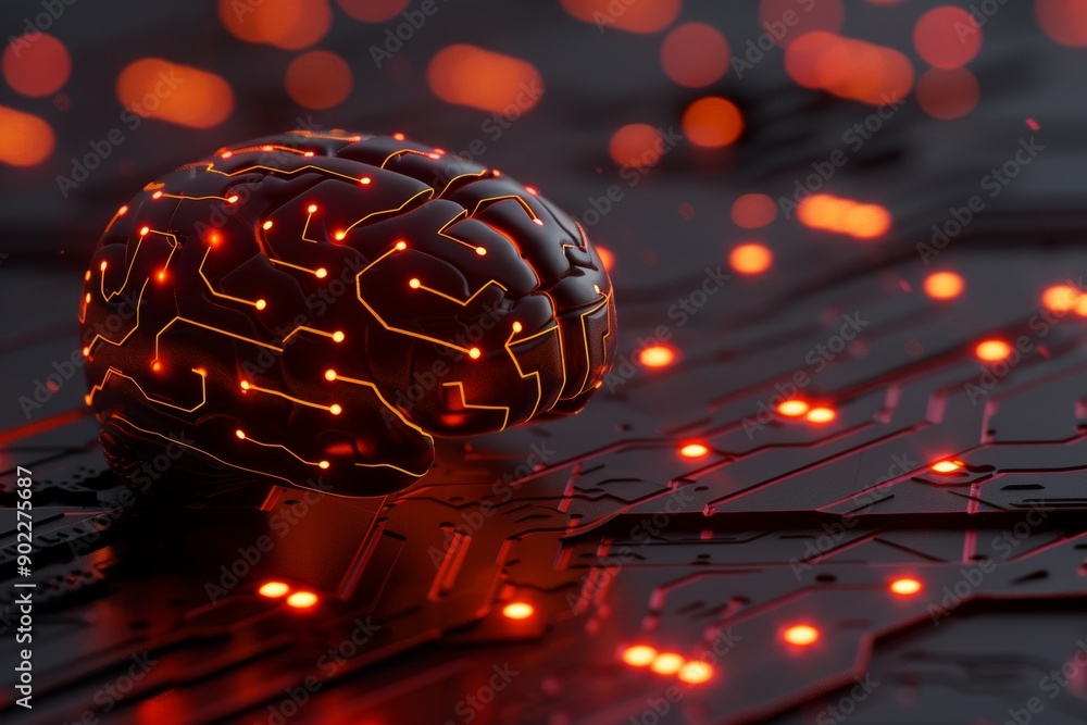 Poster advanced neural brain model with digital circuitry in dark futuristic setting