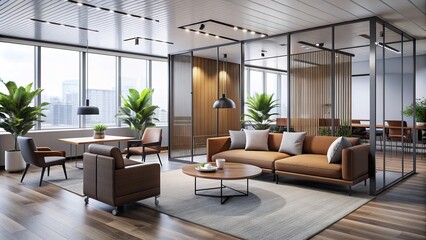 Modern corporate breakout area showcases sleek interior design, featuring a lounge with minimalist tables, chairs, and a stylish room divider, exuding comfort and sophistication.