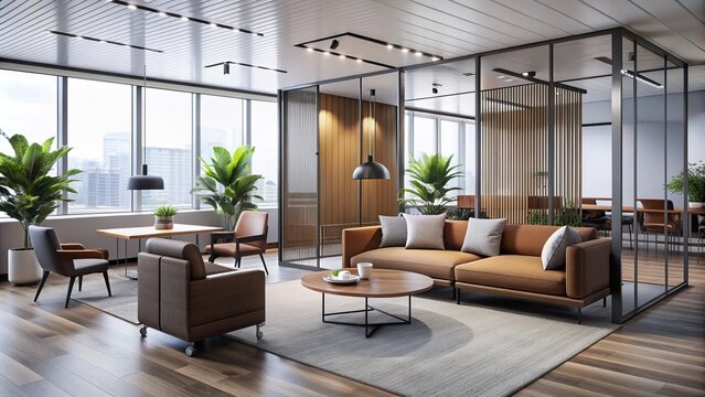 Modern corporate breakout area showcases sleek interior design, featuring a lounge with minimalist tables, chairs, and a stylish room divider, exuding comfort and sophistication.