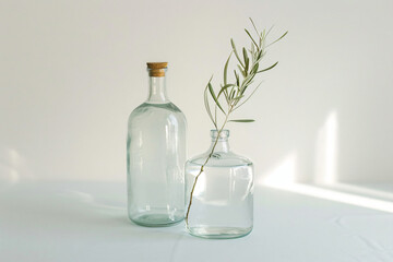 a bottle and a small plant in a vase